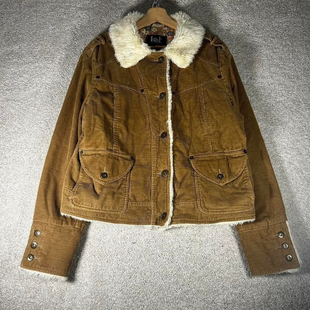 Y2K women's L.E.I. Brown corduroy faux fur lined trucker style jacket Size XL